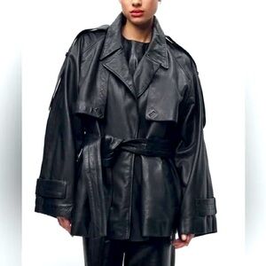 Zara 100% leather Trench Coat NWT Limited Edition black oversized coat